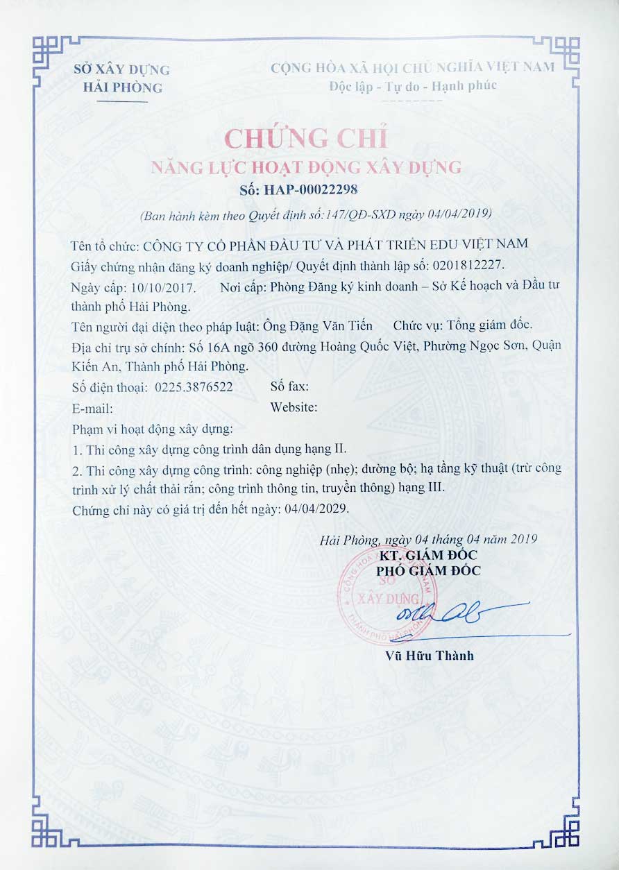 Chứng chỉ năng lực hoạt động xây dựng SHT Việt Nam