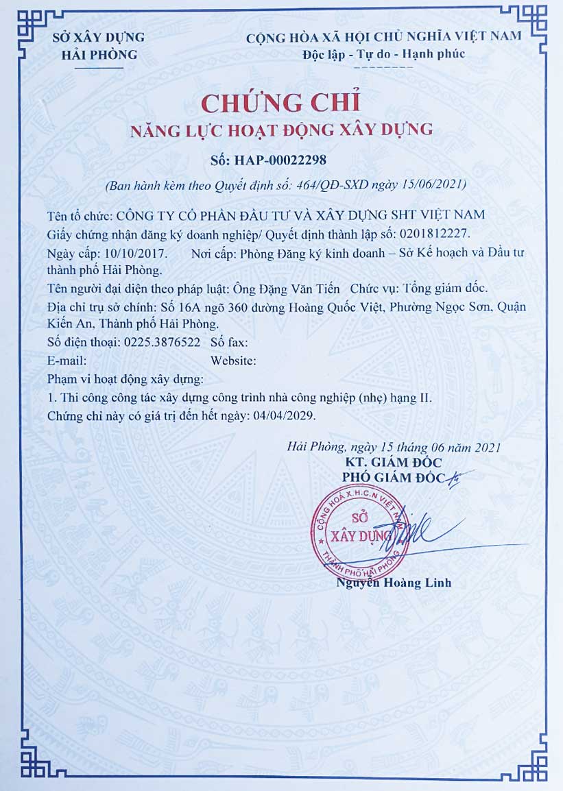 Chứng chỉ năng lực hoạt động xây dựng SHT Việt Nam